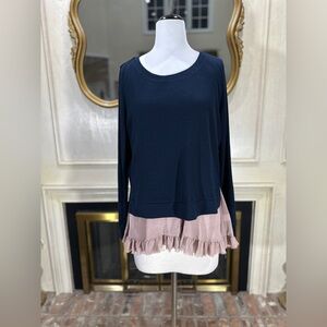 Comme‎ Tol Navy Pink Ruffle Hem Knit Top Size L Layered Look Stretch Tee
